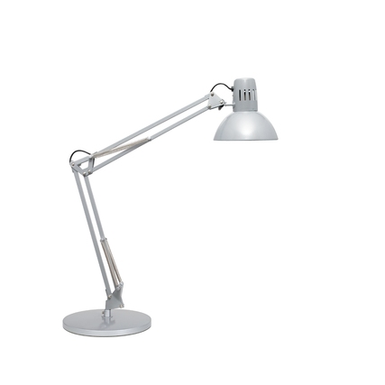 Silberne Tischleuchte mit flexiblem Arm und schwerem Standfuß in Seitenansicht.