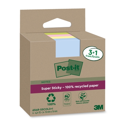 Post-it® Haftnotiz Recycling Notes Super Sticky 76 x 76 mm (B x H) 4 Block/Pack. je 1 x blau, grün, pink, gelb Produktbild pa_produktabbildung_1 XL
