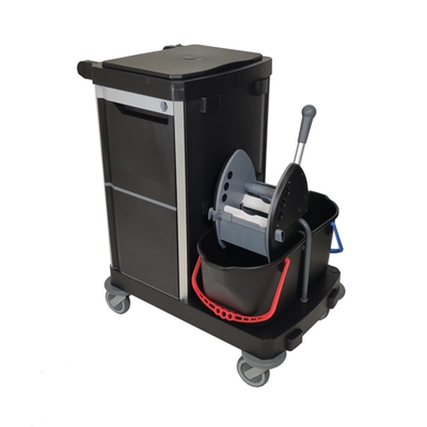 Flexibler Reinigungswagen mit zwei Eimern und Moppsystem, abschließbar und wendig.