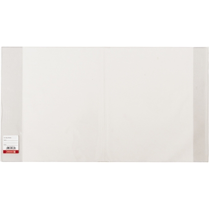 Transparenter Buchschoner mit Einsteckstreifen und Umschlaglasche in rechteckiger Form.