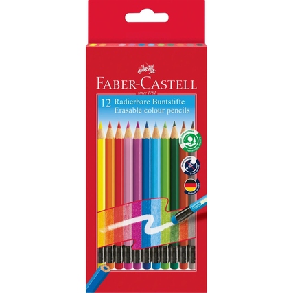 Packung mit 12 Buntstiften in verschiedenen Farben, mit radierbarer Mine und integriertem Radierer.
