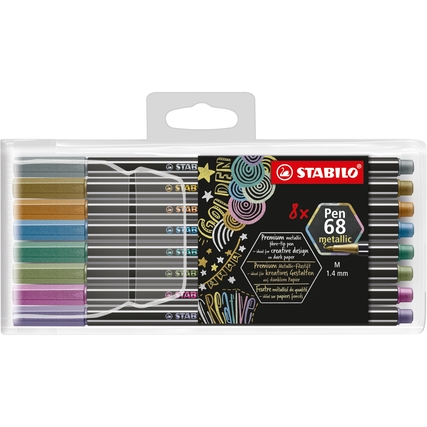 Packung mit 8 STABILO Fasermalern Pen 68 metallic in verschiedenen Farben.