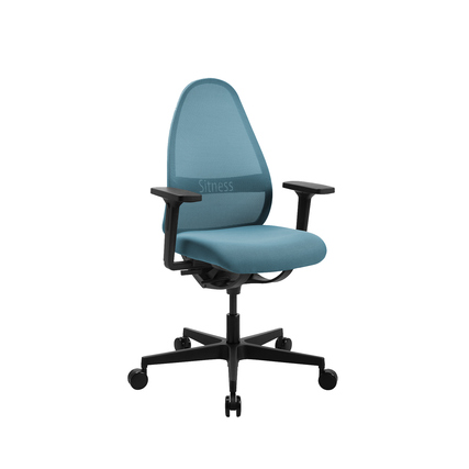 Blauer Bürodrehstuhl mit Armlehnen und ergonomischem Design auf einem Rollgestell.