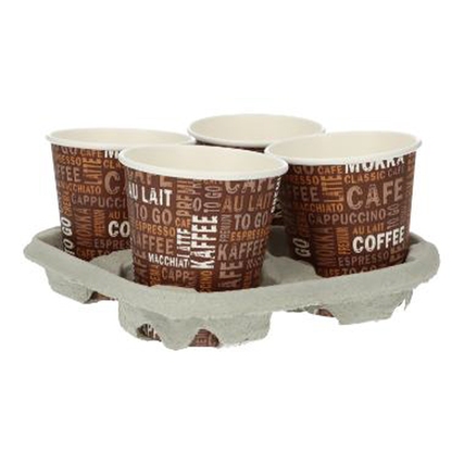 Becherhalter mit vier Kaffeetassen in einem Träger aus Pappe.