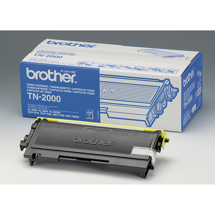 Schwarzer Brother Toner TN-2000 neben der dazugehörigen Verpackung.