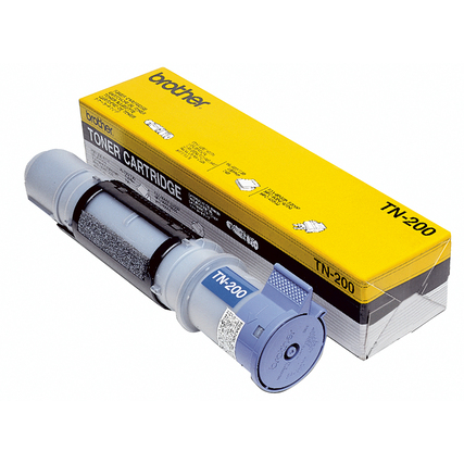 Schwarze Tonerkartusche TN-200 mit Verpackung in gelbem Karton.