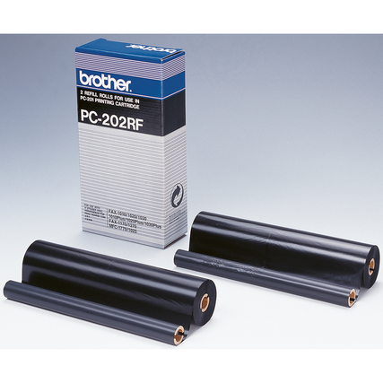Schwarze Thermotransferfolie in zwei Rollen neben einer Produktverpackung der PC-202RF.