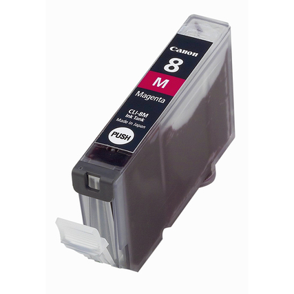 Tintenpatrone in magenta, Modell CLI-8M, mit transparente Verpackung und Druckknopf.