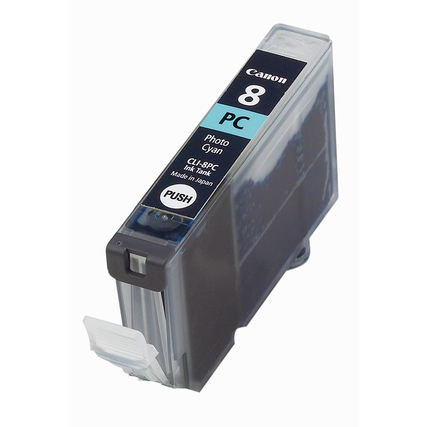 Tintenpatrone in fotocyan für Canon Drucker, mit sichtbarem Etikett und PUS-Hebel.