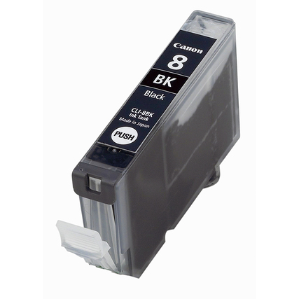 Schwarze Canon Tintenpatrone CLI-8BK in quadratischer Form mit einer "PUSH"-Kennzeichnung.