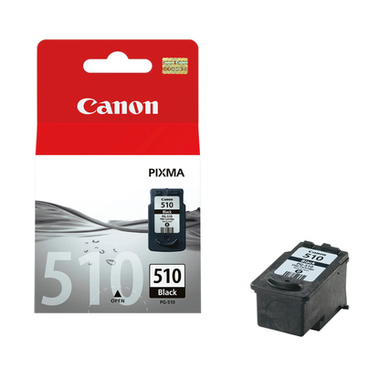 Schwarze Canon Tintenpatrone PG-510BK in Verpackung, seitliche Ansicht auf weißem Hintergrund.