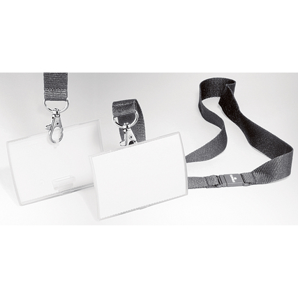 Aufklappbares Namensschild mit Textilband und auswechselbarem Einsteckschild.
