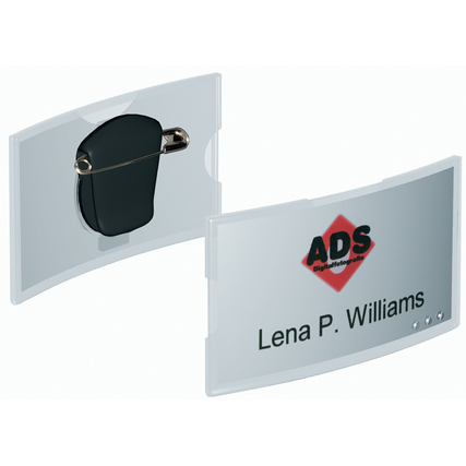 Rahmenloses, transparentes Namensschild mit Kombiklemme und Sicht auf ein Beispiel-Einsteckschild.