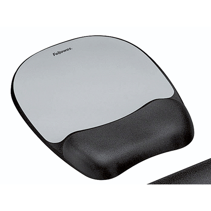 Schwarzes Mauspad mit Memory Foam und silberner, weicher Oberfläche zur Handgelenkstütze.