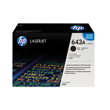 Schwarzer HP Projekt-Toner 643A in einer geschlossenen Verpackung.