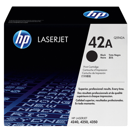 Schwarze HP Toner-Kartusche 42A in Verpackung mit Produktinformationen und Symbolen.
