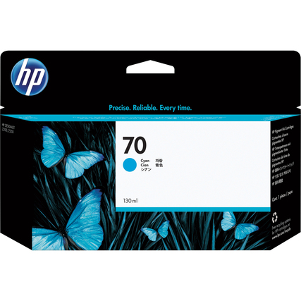 HP Tintenpatrone 70 in Cyanfarbe, verpackt in einer blauen und schwarzen Schachtel.