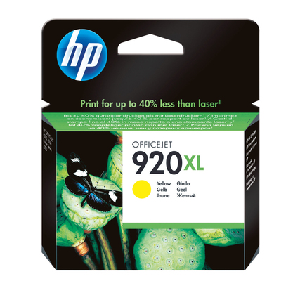 Gelbe HP Tintenpatrone 920XL in Verpackung mit grüner und schwarzer Gestaltung.