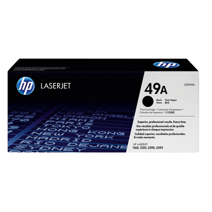 Schwarze Tonerpatrone 49A in Verpackung mit Produktinformationen und HP-Logo.