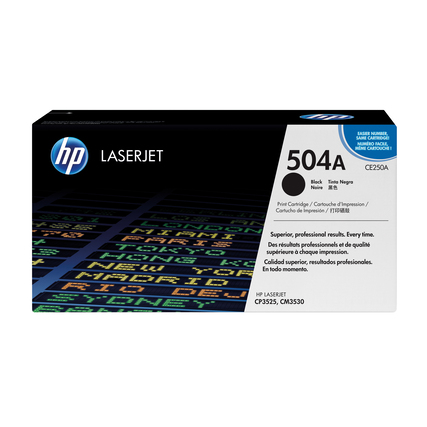 Schwarze HP 504A Tonerkassette in originaler Verpackung mit Produktbezeichnung und Logo.