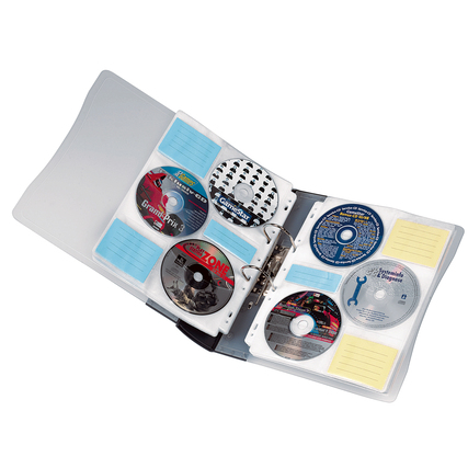 Transparente CD/DVD-Hülle mit eingelegten Discs und farblich sortierten Indexkarten.