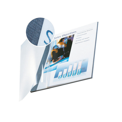 Buchbindemappe in blau mit transparentem Deckblatt und einer Seitenansicht von eingelegten Seiten.