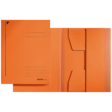 Orangefarbene Jurismappe mit Klappen und Falzungen für Dokumentenablage und -transport.
