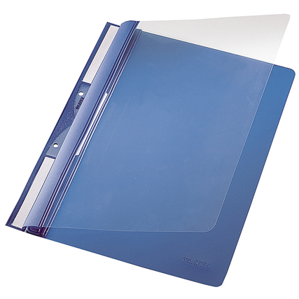 Blauer Schnellhefter mit transparenter Front und Abheftvorrichtung.