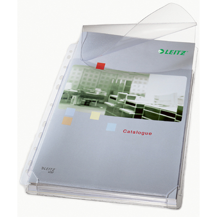 Transparente Prospekthülle mit Klappdeckel und eingelegtem Katalog, DIN A4 Format.