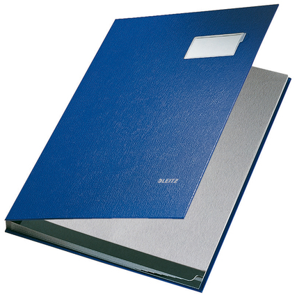 Blaue Unterschriftenmappe mit aufklappbarem Fenster und verstärkten Wendetaben.