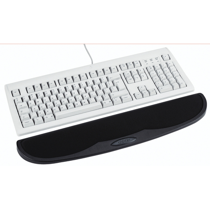 Schwarze Handgelenkauflage aus Gel mit weißer Tastatur im Hintergrund.