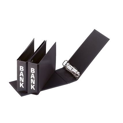 Schwarzer Bankordner im DIN lang Format, offen mit zwei Ringen und "BANK"-Aufdruck.