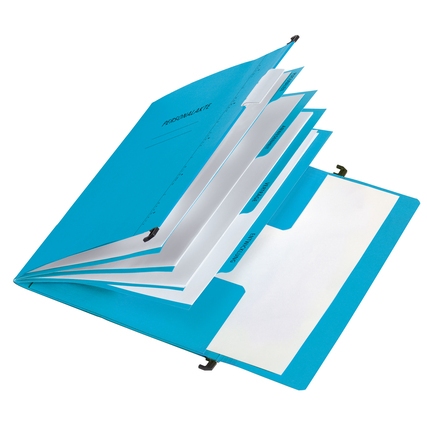 Blaue Personalmappe mit sechs Fächern, Heftmechanik und Taschen für ungelochtes Schriftgut.
