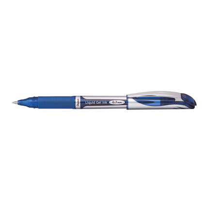 Blauer Gelschreiber mit transparentem Gehäuse und 0,7 mm Spitze, seitliche Ansicht.