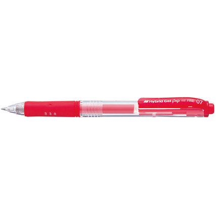 Roter Gelschreiber mit durchsichtiger Kappe und sichtbarem Tintenstand.