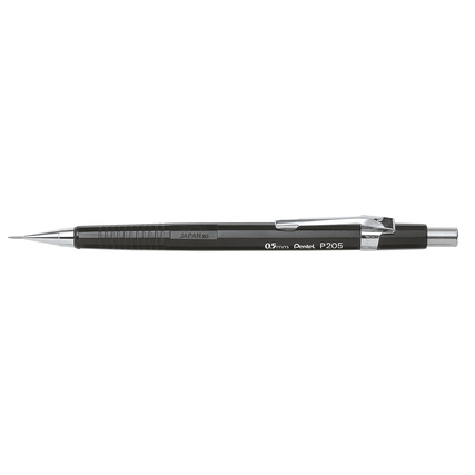 Druckbleistift mit 0,5 mm Mine, abnehmbarem Clip und 4 mm langem Führungsrohr, seitliche Ansicht.