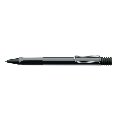 Schwarzer Lamy Kugelschreiber Safari mit Clip, seitliche Ansicht.