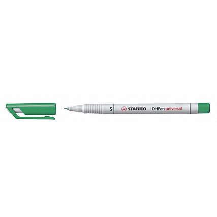 Grüner Folienstift mit Kappe und weißem Schaft, beschriftet mit 'STABILO OHPen universal 0,4 mm'.