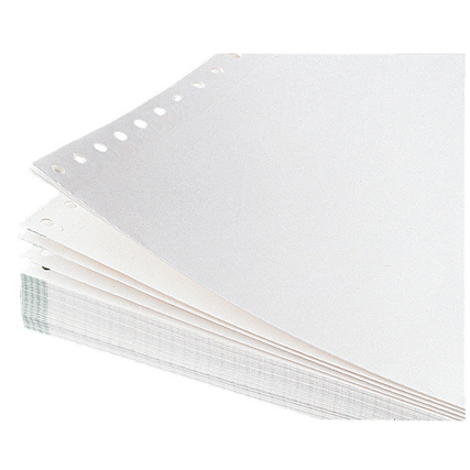 Stapelhaufen von perforiertem, weißen Computerpapier mit Zick-Zack-Falzung und seitlichen Löchern.