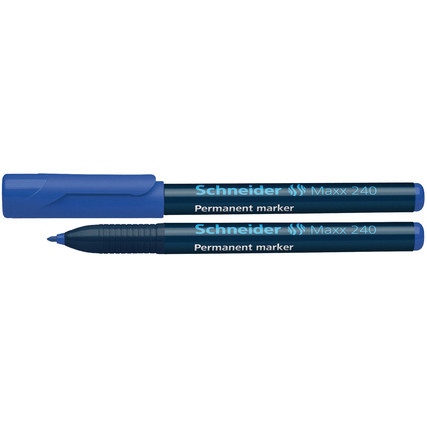 Blauer Permanentmarker mit Kappe und Spitze auf hellem Hintergrund.