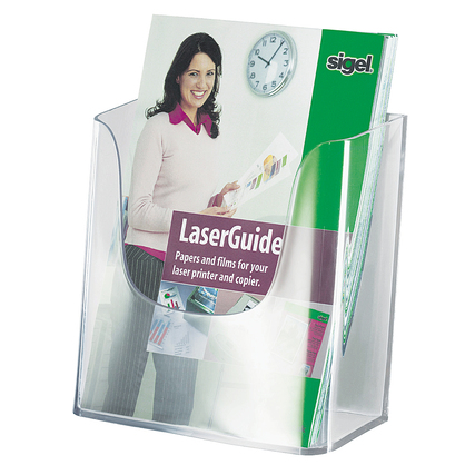 Acryl-Prospekthalter für DIN A5 mit zwei Fächern und abgeschrägter Bodenfläche.