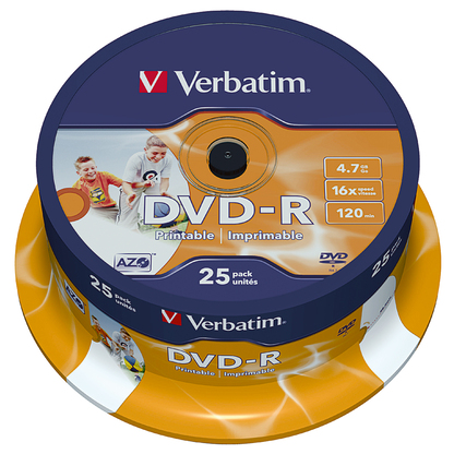 Verbatim DVD-R bedruckbare Spindel mit 25 Discs, in farbiger Verpackung.