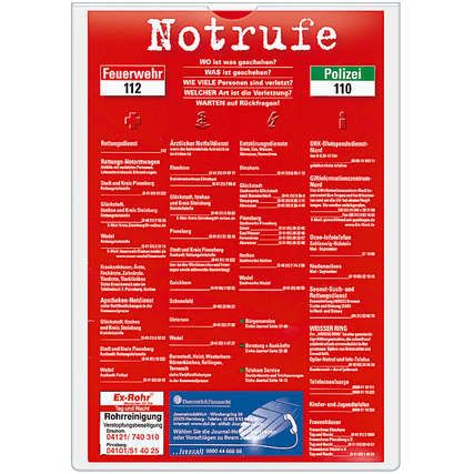 Selbstklebetasche VELOCOLL® DIN A4 in transparent mit Notrufnummern auf rotem Hintergrund.