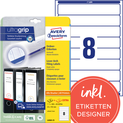 Packung mit Avery Zweckform Ordnerrückenetiketten, Etikettenbogen und Designbeispiel.