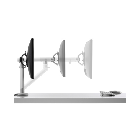 Schwenkarm für Monitore in der Bewegung auf einem Schreibtisch, ohne Tischklemme dargestellt.