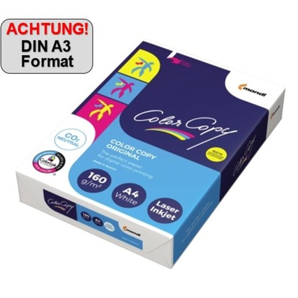 Farbige Verpackung des Color Copy Kopierpapiers in DIN A3 mit Hinweisschild "Achtung!" oben links.
