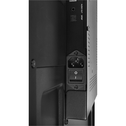 Seitenansicht eines professionellen Displays mit Netzanschluss und Ein-/Ausschalter.