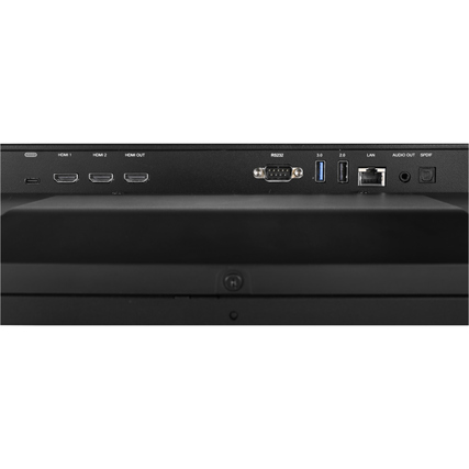 Rückansicht eines Displays mit verschiedenen Anschlussmöglichkeiten für externe Geräte.