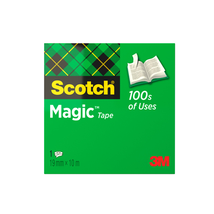 Grüne Verpackung des Scotch® Klebefilms Magic™ mit einer Abbildung eines Buches und der Maßangabe.