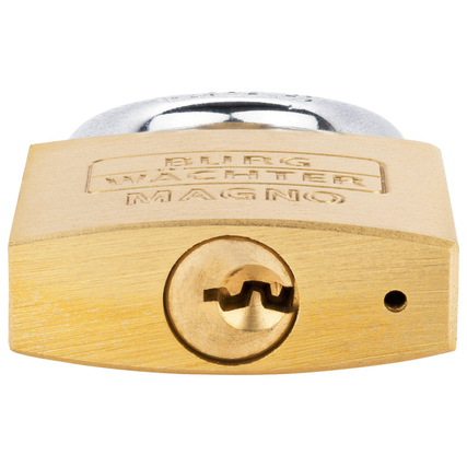 Goldfarbenes Vorhängeschloss mit einem runden Zylinder und eingeschliffenem Logo.